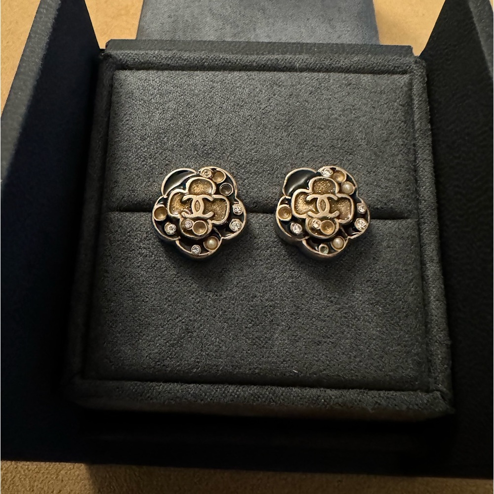 CHANEL Camélia Enamel, Faux Pearl & Crystal Stud Earrings
